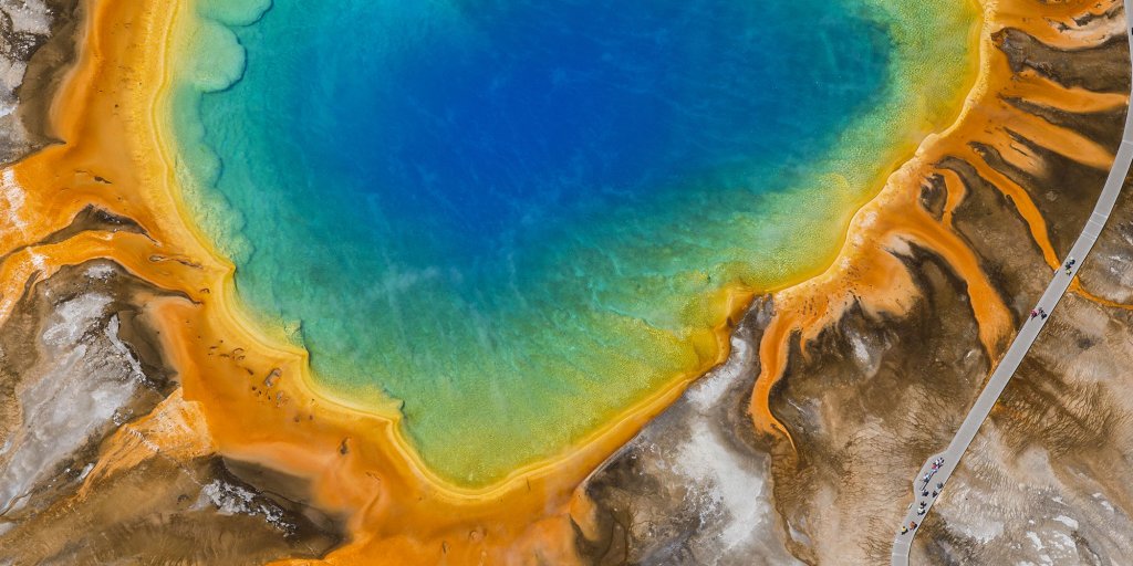 Aerial view of Grand Prismatic Spring in Yellowstone National Park.