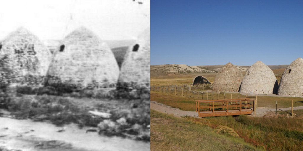 A vintage photograph of the abandoned Piedmont charcoal kilns compared to the present-day Wyoming ghost town.