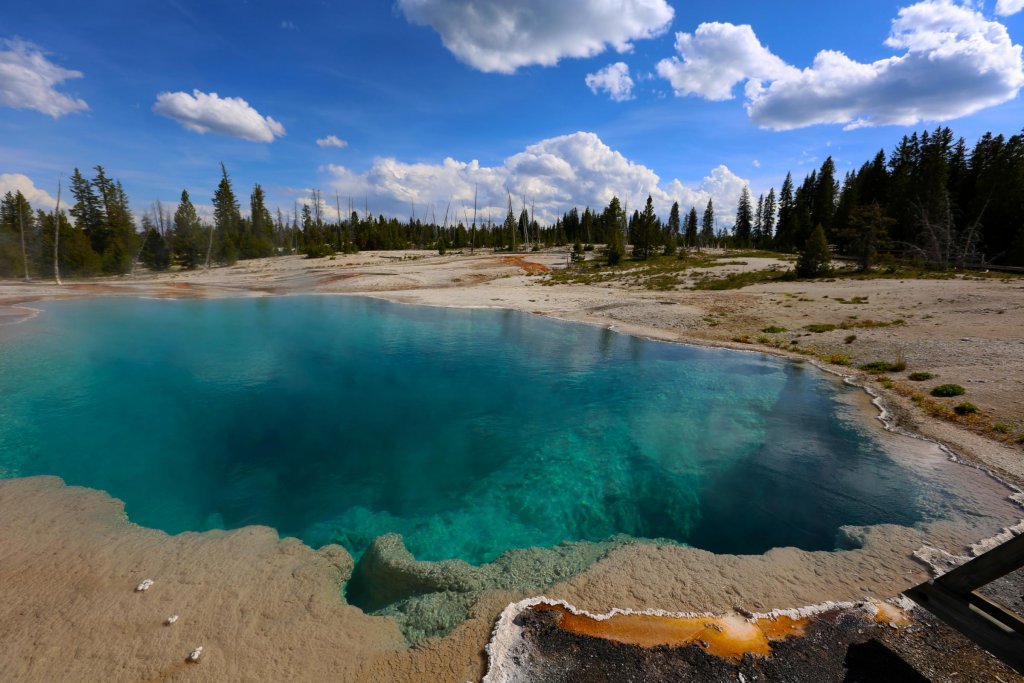 A pristine, turquoise hypothermal pool aside the shore of Yellowstone Lake.