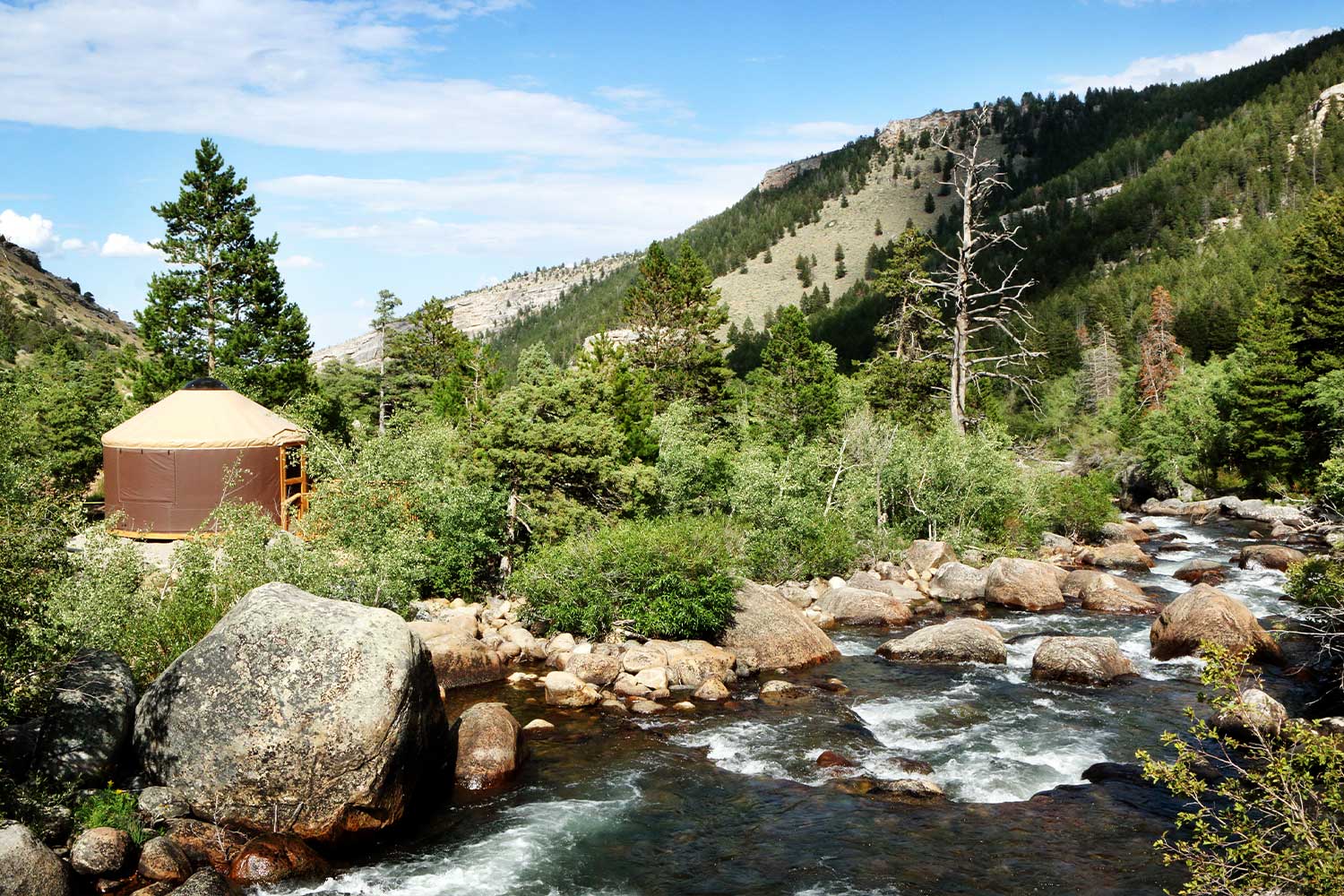 A yurt amongst greenery and a river in Wyoming, a popular romantic getaway spot 