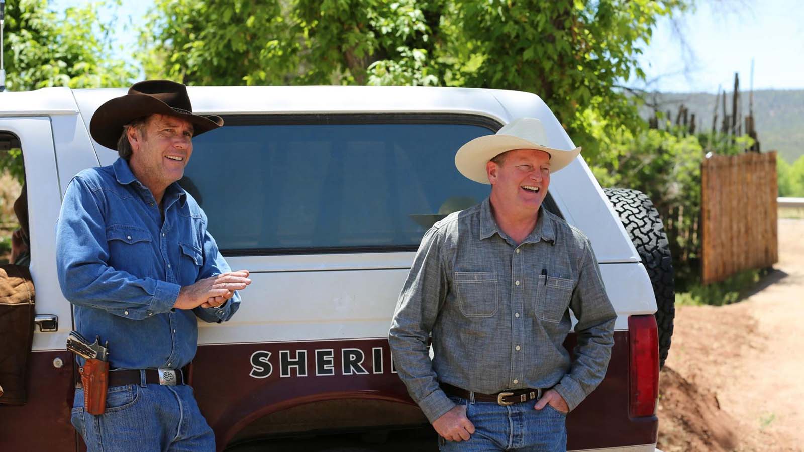 The cast of Longmire on set in Abrasoka County, Wyoming.