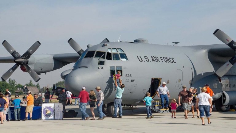 People touring the U.S. Air Force plane in Sheridan, Wyoming.