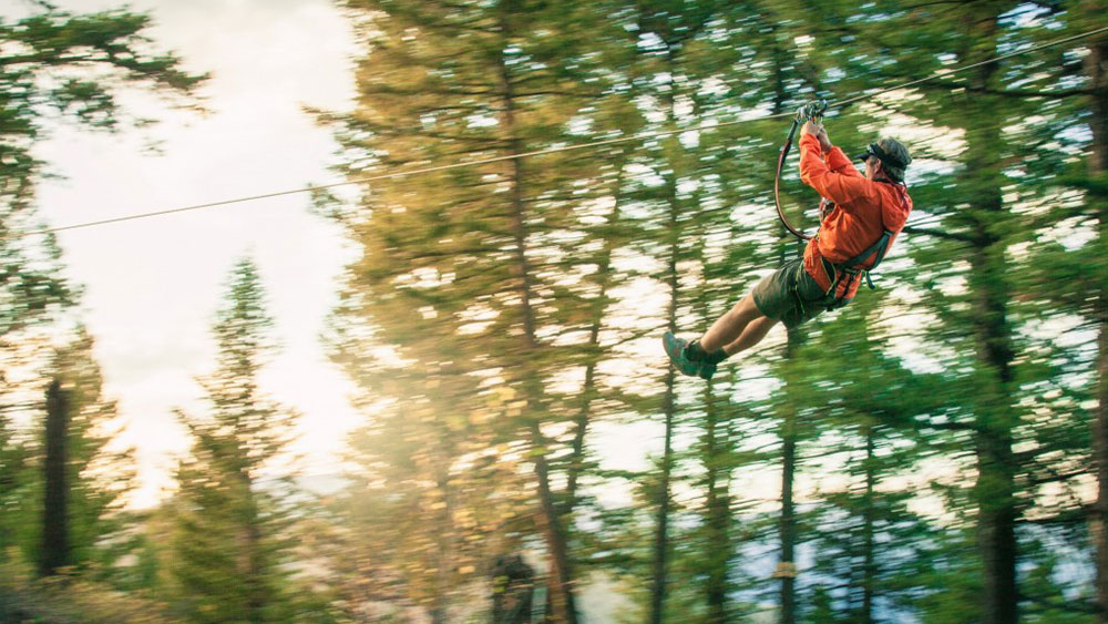 Zipliner flying through trees