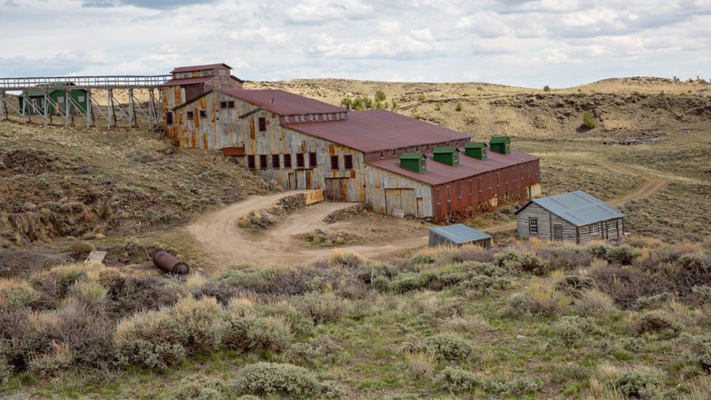 old mine on hillside at South Pass City Historic Site in Wyoming 