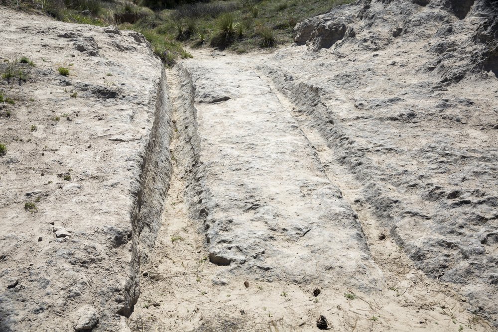 A view of the wagon wheel ruts embedded in rock at the Oregon Trail Ruts State Historic Site.