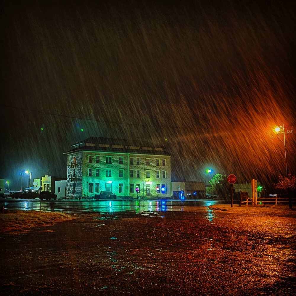 Outside of the haunted Virginian Hotel in Medicine Bow on a rainy night. 