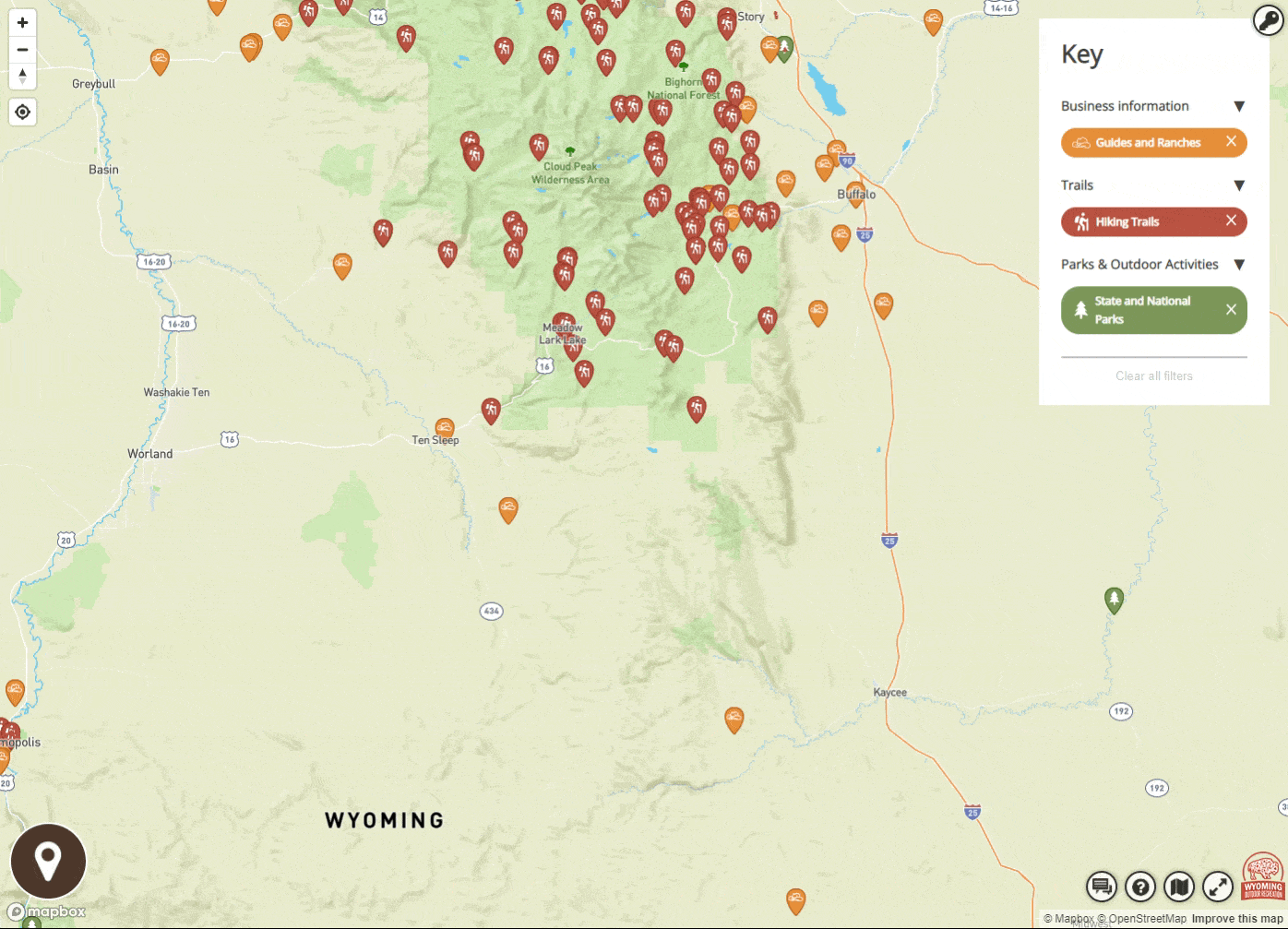 explore your selections on this interactive map of Wyoming and discover more information by clicking an individual plot point. 