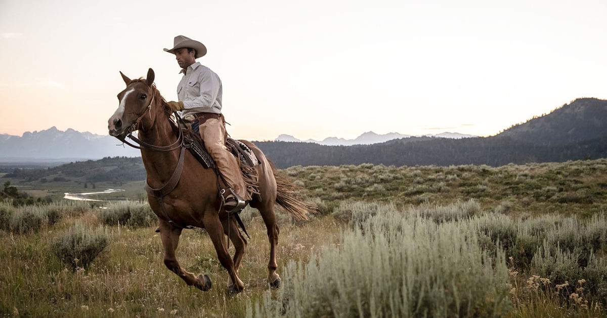 Cowboy riding a horse through the prairie.