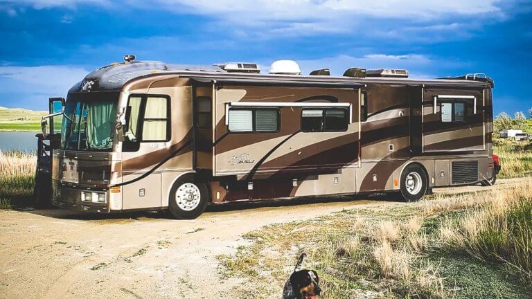 RV sitting on the side of a road with a dog walking near it.