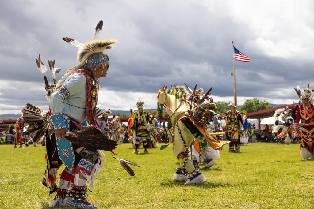 Tribe members perform during the Eastern Shoshone Indian Days Powwow on a beautiful summer day.