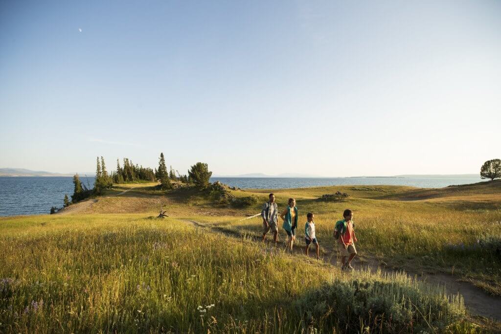 A family of four hiking on a trail surrounded by tall grass and a scenic point overlooking a body of water in the background.