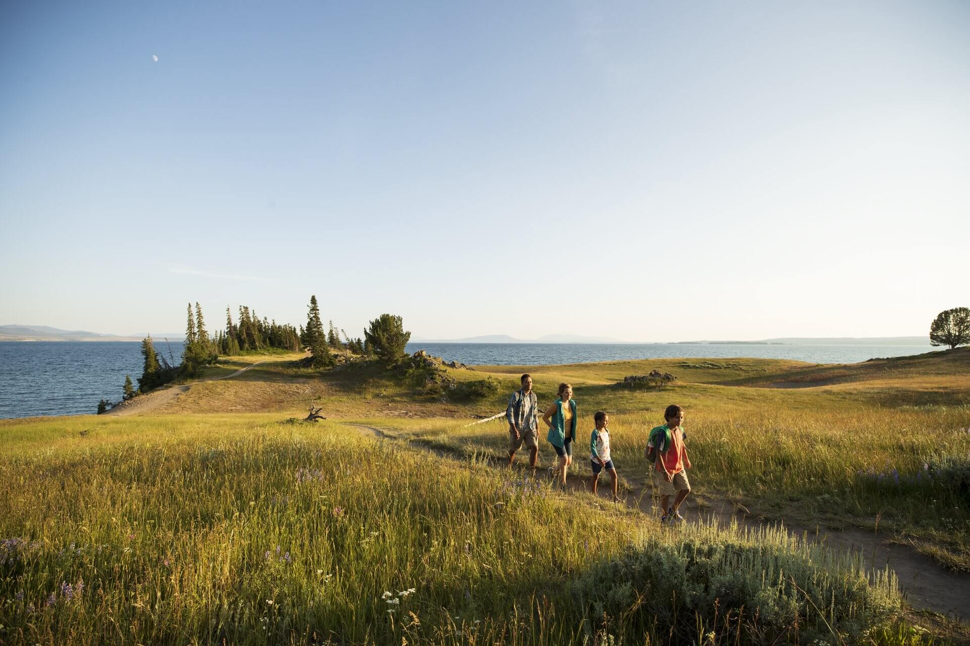 A family of four walk along a trail surrounded by grassy hillsides at Yellowstone Lake.