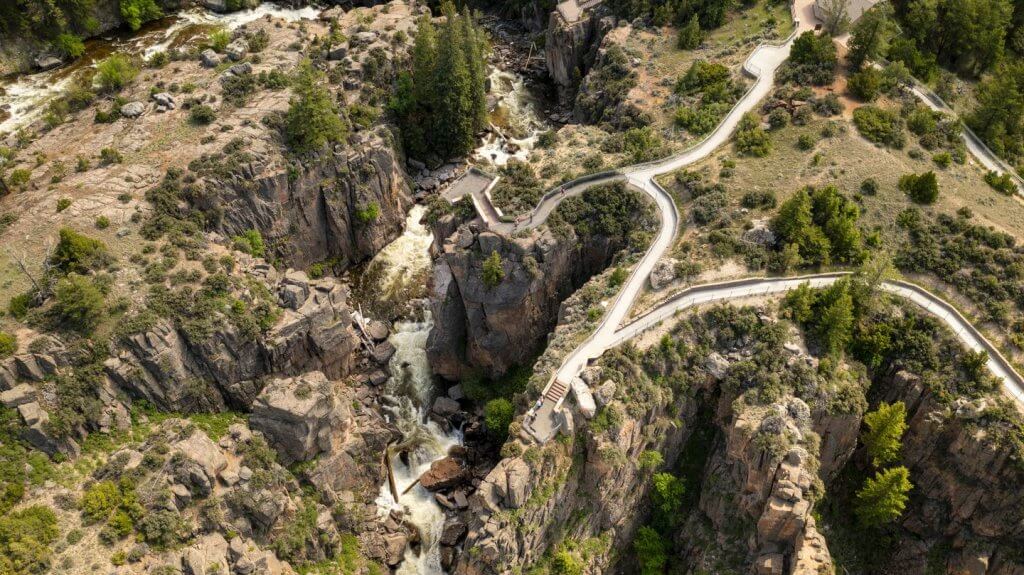 A sweeping aerial view overlooking the natural terrain in Shell Falls in Wyoming. 