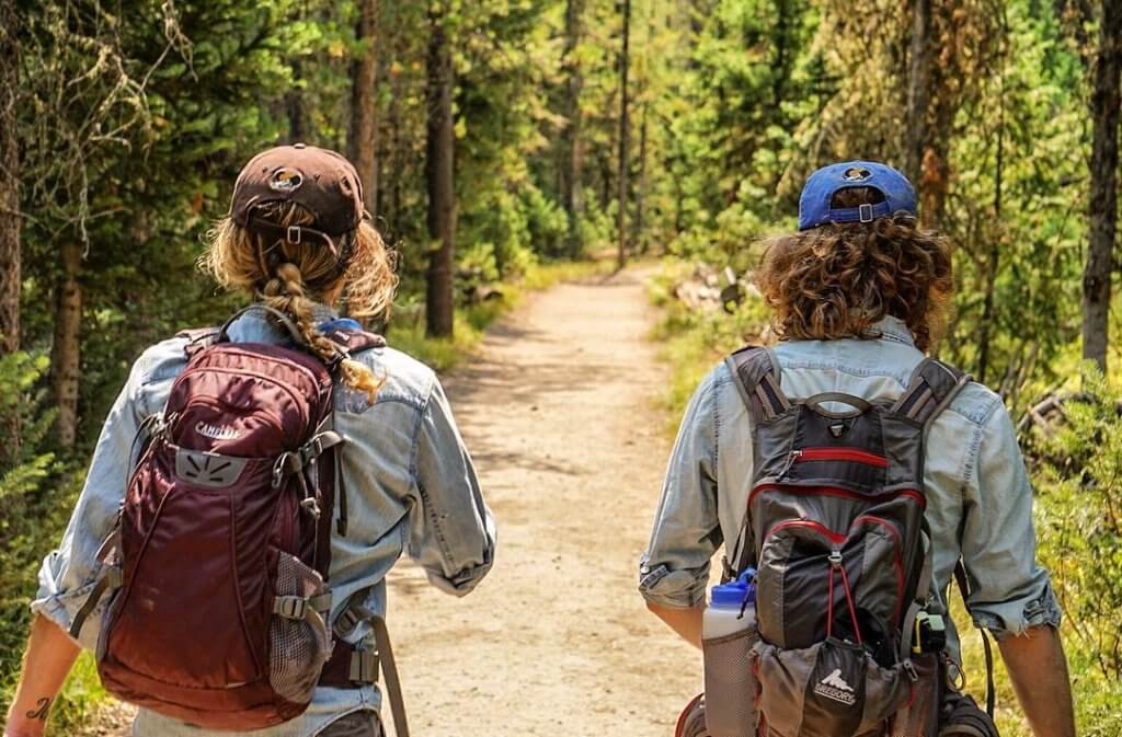 Two people hiking with backpacks on a trail through a forest of tall trees in Grand Teton National Park.
