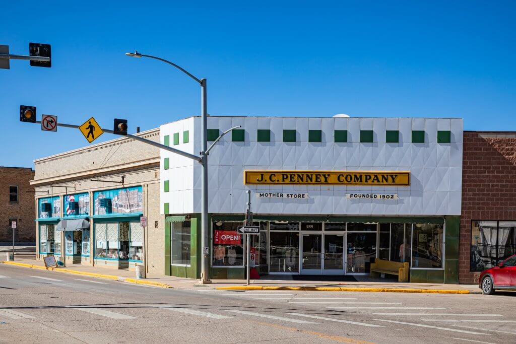 The street corner of the historic JC Penny’s “Mother Store” in Kemmerer in Wyoming.
